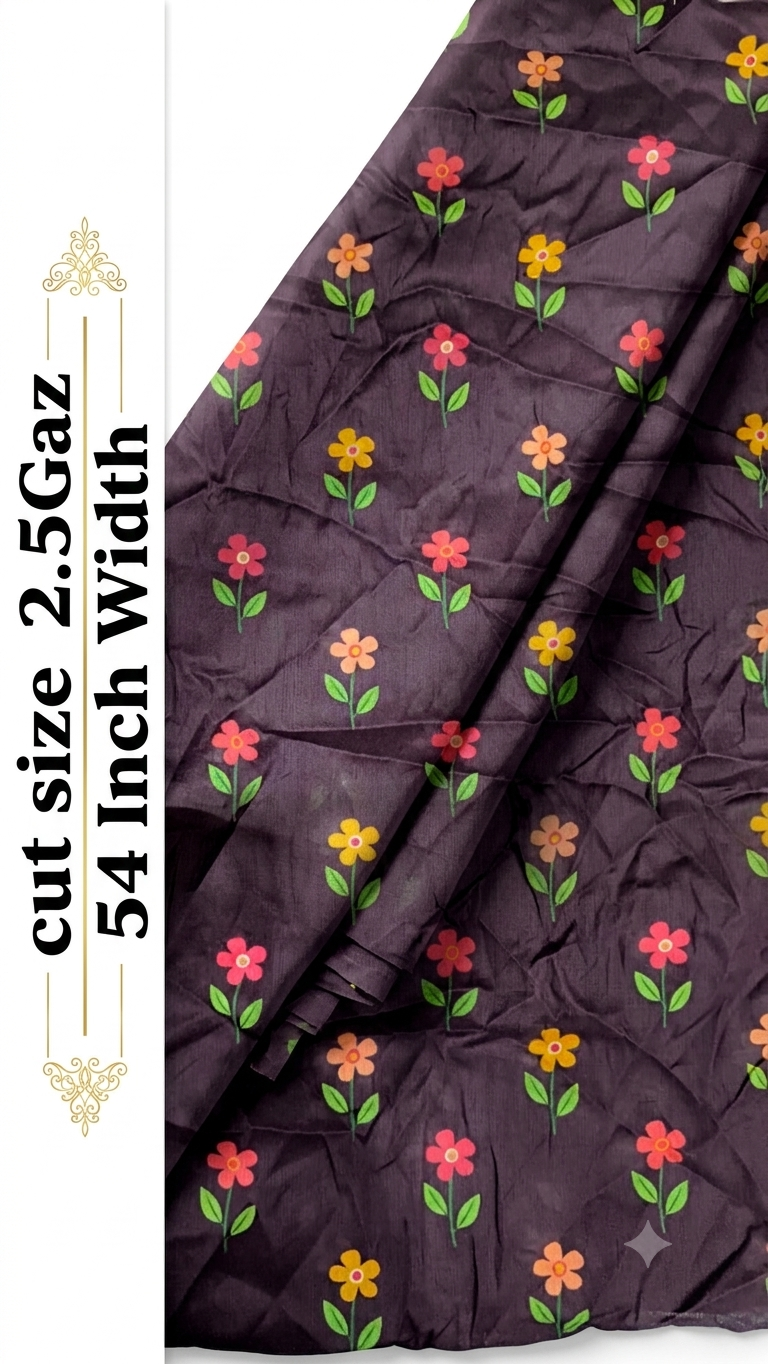 Dark purple crinkled fabric with a repeating pattern of small orange, pink, and yellow flowers with green leaves, shown with a white vertical banner on the left containing text 'cut size 2.5Gaz 54 Inch Width'.